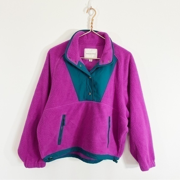 American Eagle Small Purple Sherpa Teddy Pullover Snap‎ Jacket Sweatshirt - Picture 2 of 11